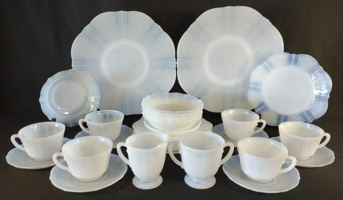 33 pcs American Sweetheart Monax (White) Set: 33 piece white american sweetheart monax depression glass set. MacBeth-Evans Glass 1930-36. Includes 2 chop plates, 7 cereal bowls, 8 bread and butter plates, 8 saucers, 6 tea cups, 1 footed creamer,