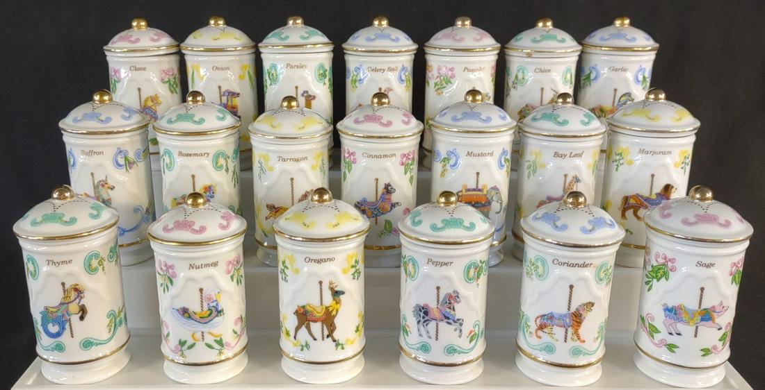 (20) Lenox The Spice Carousel Spice Jars: Fine porcelain spice jars made by Lenox. 20 jars total. Each is marked "The Spice Carousel" Leno 1993.