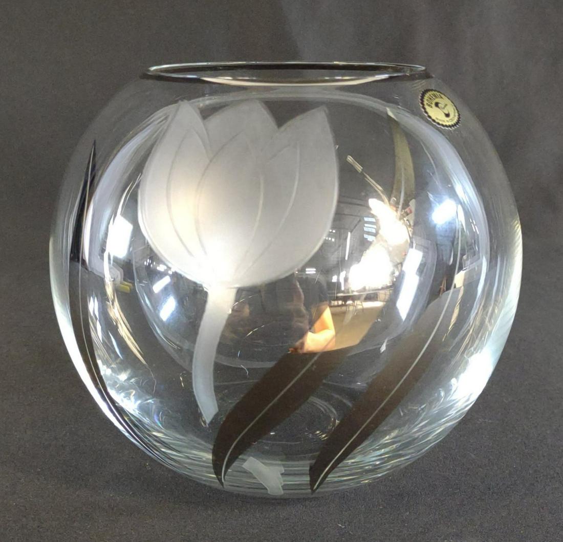 Bohemia Crystalex Tulip Glass Etched Vase: Bohemia lead crystal round vase with etched tulip and silver foil accents. In excellent condition. Made in Czech Republic.