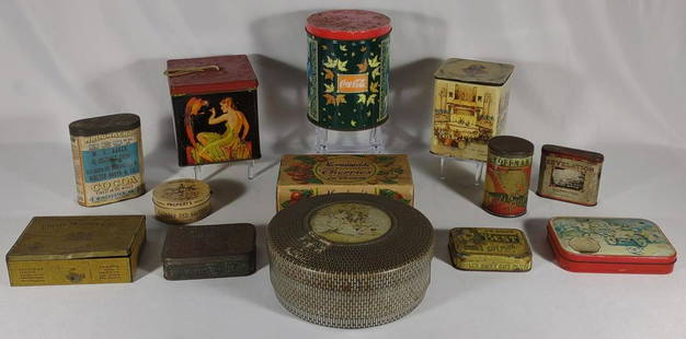 Advertising Tobacco & Baking Tins: A mix of antique and vintage tins. Includes Philip Morris & Co cigarette tin, J. G. Dills Cut Plug tin, Belwood smoking mixture tin, Revelation pipe tobacco tin, and more.