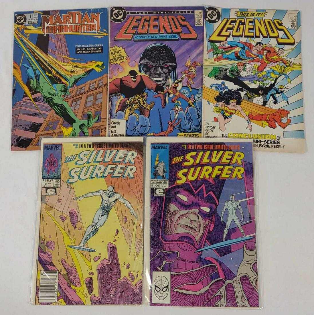 1980s Marvel & DC Superhero Comic Books: 5 vintage comic books including Marvel 1988 The Silver Surfer issues #1 and #2, DC 1986 and 1987 Legends comics, and 1988 Martian Manhunter comic.