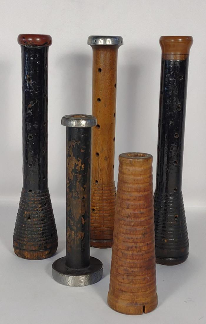 5 Antique wood Textile Spools: wooden bobbin / textile spools. Previously used as candlestick holders.