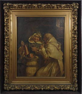 Antique Framed Oil Painting Monks Drinking Wine: Antique late 19th century original oil painting on canvas of two monks drinking wine and eating over a wine barrel. Canvas is stretched within a scrolled gilt frame, uncased within a second