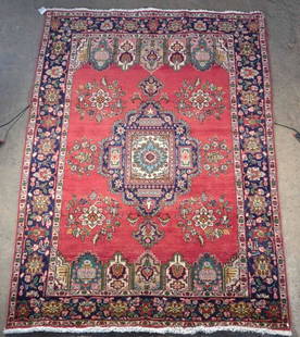 Hand Woven Persian Iran Rug 9'9" X 6'9": 9' 9" x 6' 9". Highly detailed Persian area rug with white fringe ends. Hand knotted of 100% wool pile. Made in Iran. "Atlas Rokh Novin" tag on back. Very good condition. No sun damage or smells.