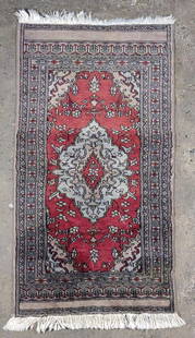 Tightly Woven Oriental Runner Rug 3'10" x 2'2": 3' 10" x 2' 2" Tightly woven thick pile with soft thin strands. No makers marks or tags present. Dark spot on one corner (bottom left corner of main image). Red and cream colored.