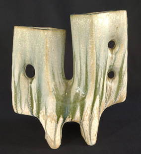 Japanese Ikebana Freeform Vase: Circa 1960s. Glazed sculptural earthenware pottery vase. No chips or cracks.