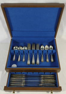 42 pc Sterling Silver Set by International Silver: Total weight (knives included): 61.89 troy oz (1925 grams). 42 piece sterling silver set by International Silver Co. Knives are stainless steel with sterling silver handles. Marked "J.S.Co." and Inter