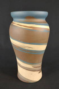 Niloak Marked 7" Mission Swirl Pottery Art Vase: Niloak 2nd Art Mark with original Niloak paper sticker label. 7" tall.