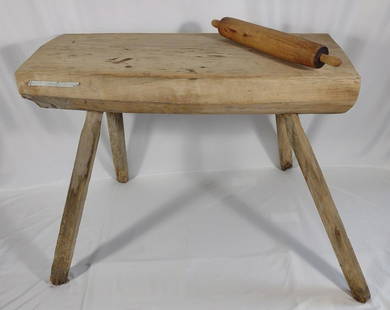 Orrells Beaten Biscuit Wood Block Table & Roller: Antique primitive cut heavy wood biscuit beating block. Was used by Orrells Maryland Beaten Biscuits sometime between 1935-1948. Orrells beaten biscuits, Wye Mills, Maryland. (If shipping, please self