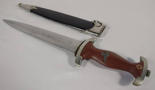 WWII German NSKK Hermann Schneider Dagger (Rare): WW2 German NSKK dagger with scabbard. Made by Hermann Schneider. This is a rare, hard to find maker. Blade length: 8.75". Overall length: 13.75". Ricasso displays the makers mark "Hermann Schneider, S