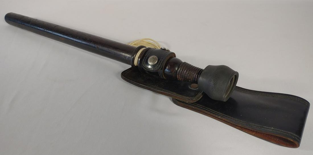WWII Military Police Baton w/ Leather Holster: WW2 era wood spun military police baton / billy club with leather belt holder. Baton length: 22".