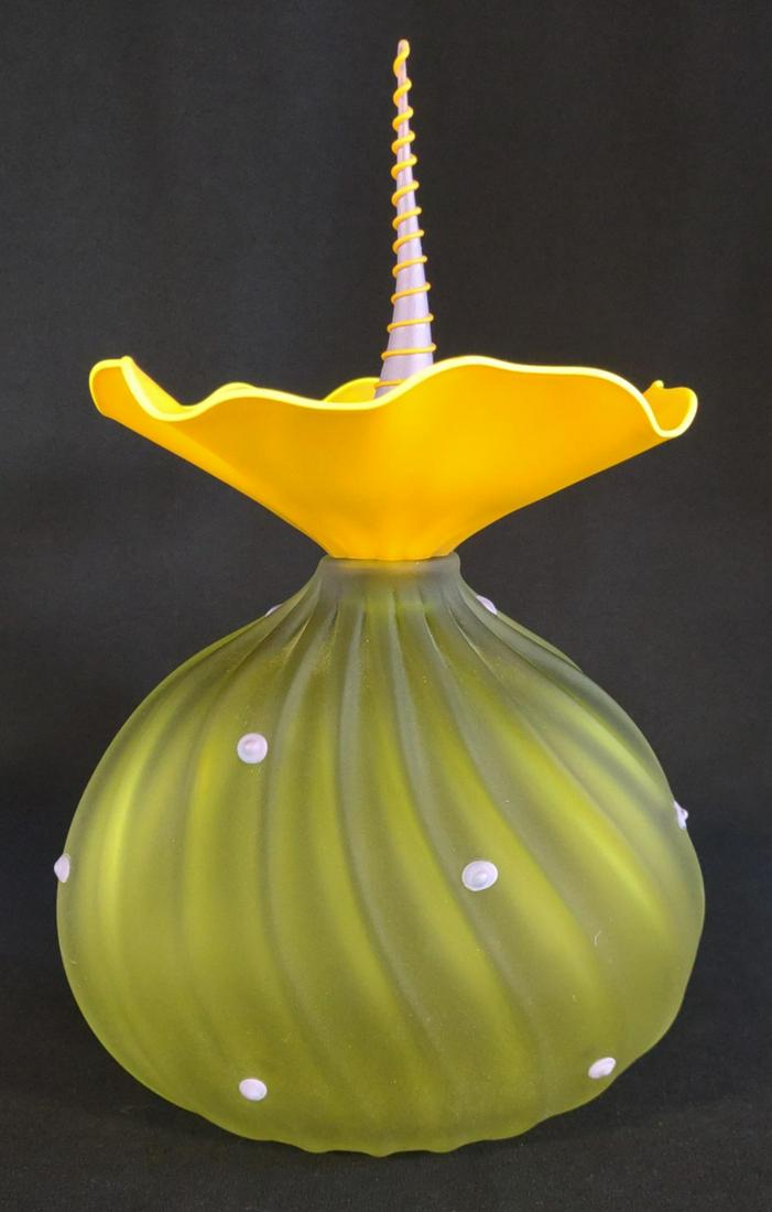 Kliszewski Bobtanical Urchin Art Glass Vessel: Studio glass art vessel by Bob and Laurie Kliszewski (American, born circa 1960). Titled "Bobtanical". Olive green with mango urchin. Vase bottle style with violet and mango stopper. No signature. No 
