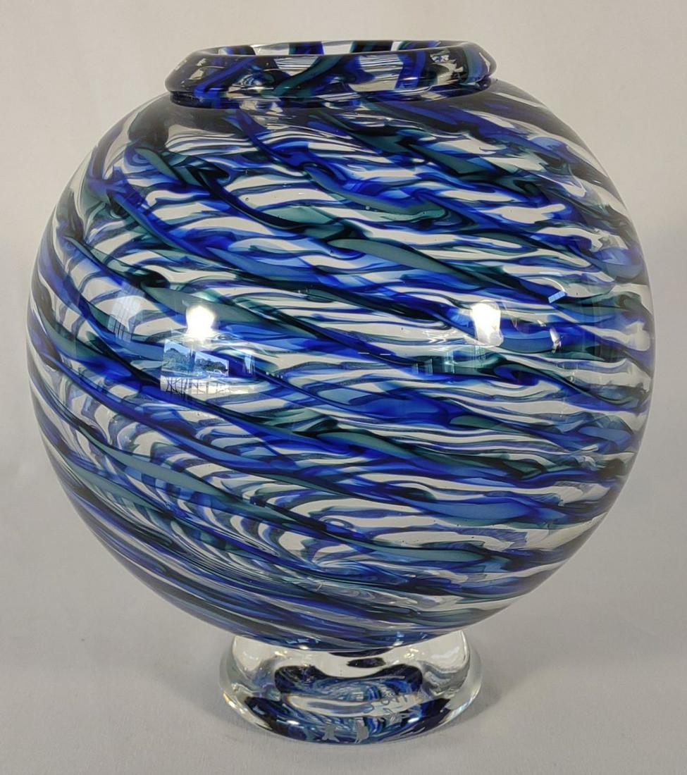 Kenny Pieper Signed Art Glass Ripple Vase: Signed "K. Pieper 2011". Globe vase with blue, green, and transparent ripple design.