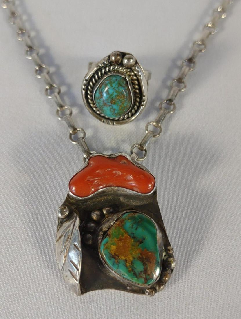Pilot Mountain Turquoise & SS Necklace & Ring: Pilot mountain turquoise and sterling silver necklace with coral and pilot mountain turquoise and sterling ring (ring size: 5.5). All sterling and stones have been tested.