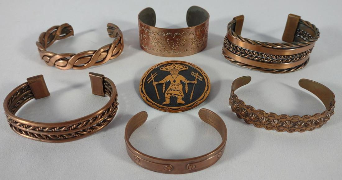7 pc Copper Cuff Bracelets & Brooch (1 of 10)