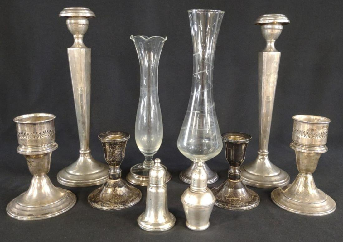 10 pc Sterling Weighted Candlesticks & Vases (1 of 14)