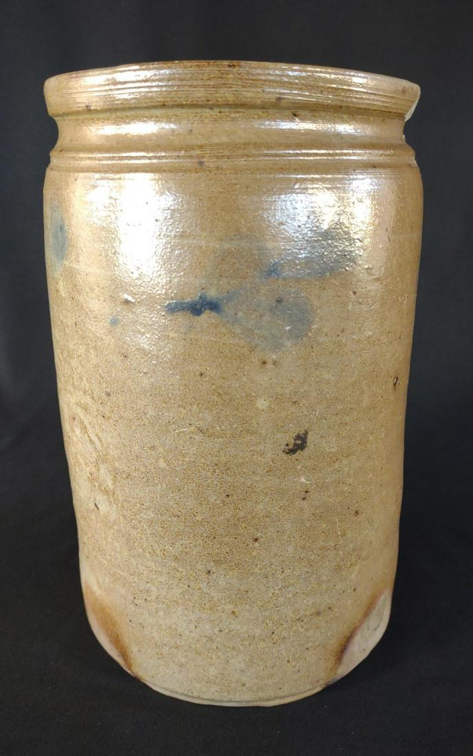 Antique Decorated Stoneware Jar: Cobalt decorated stoneware crock / jar. Vertical crack down side of piece and chip on outer rim.