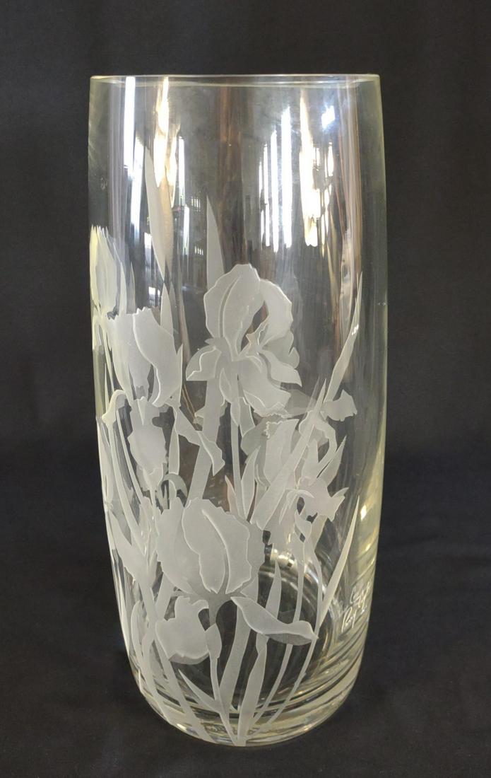 Steuben Artist Perry Coyle 12" Etched Glass Vase: Signed "Perry Coyle". Stands 12.5" tall with 4" diameter opening. Etched frosted floral design on clear glass.