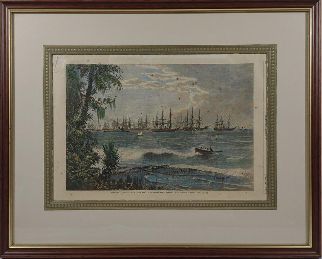 1800s Harpers Weekly Colored Newspaper Print: Colored naval military page from the Harper Weekly paper. Dated February 5, 1876. Port Royal, South Carolina. The New United Stales Naval Station. Drawn by Granville Perkins. Page has yellowing and bl