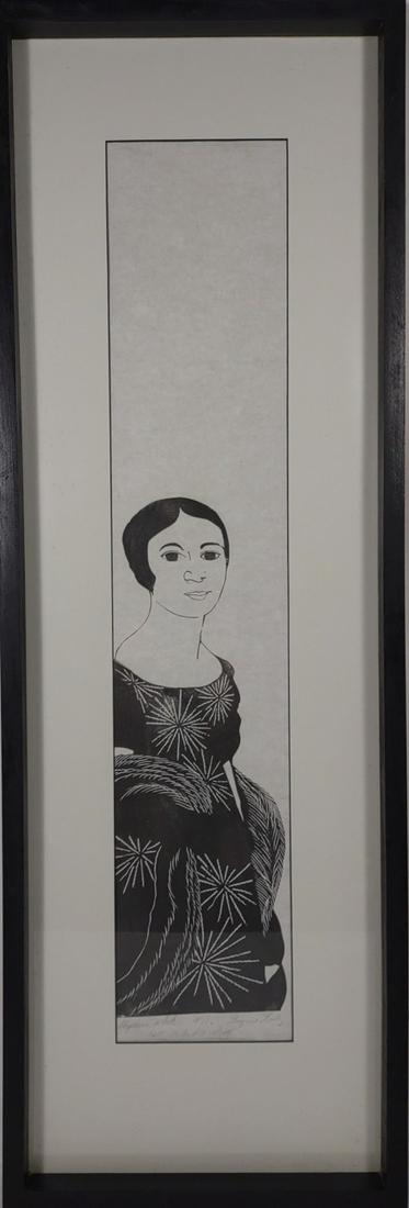 Stephen White (NC) Signed AP Woodblock Print: Signed by Stephen White (NC), 1971. Titled "Ingris Lady". This woodblock print is a 1st artist proof. Work is in great condition, sealed in frame. Signature present on bottom margin of artwork.