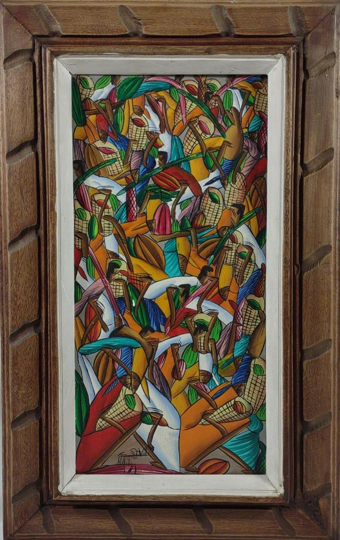 George St Vil Haitian Market Painting: George St. Vil (20th Century) original acrylic on canvas. Includes purchase receipt from Haiti in 1978. Artwork is mounted in wooden frame. No glass.