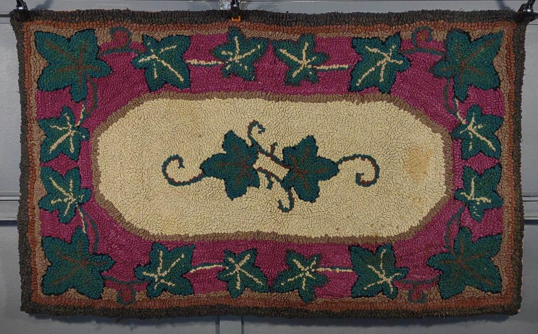 Antique Hook Rug w/ Scroll Leaves (Burlap Back) (1 of 10)