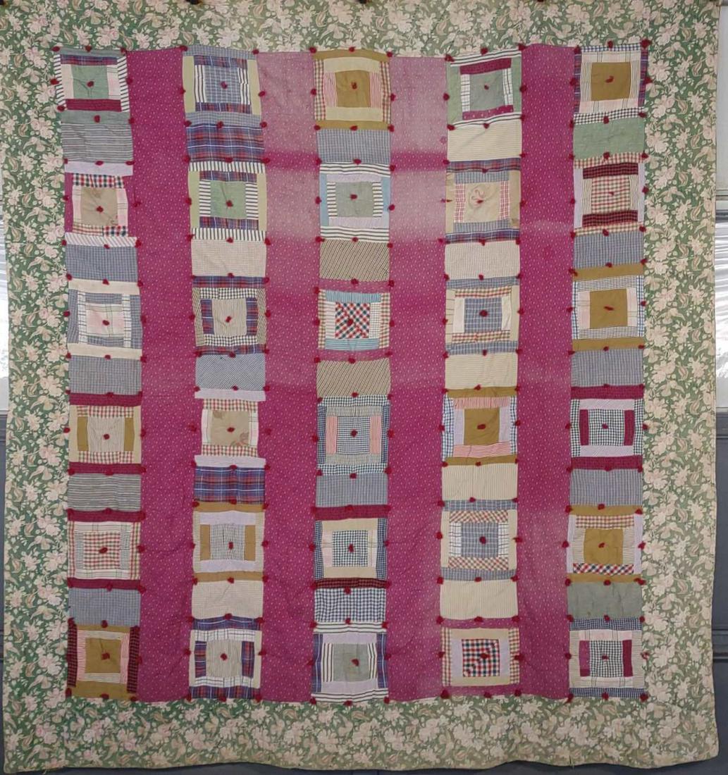 Handmade Patchwork Quilt: Vintage square patchwork patterned with red tufts. Sun damage to pink colored fabric.