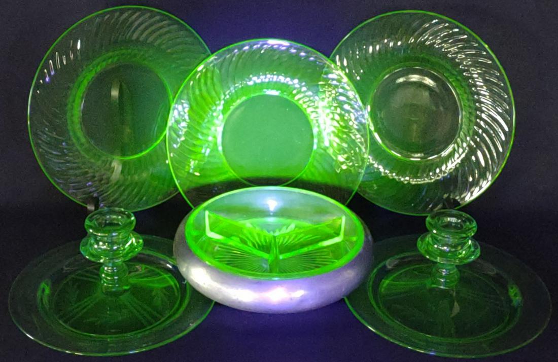 8 pc Uranium Glass Plates, Candy & Candlesticks (1 of 16)