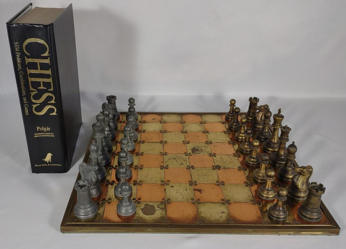 Lead & Brass Chess Set w/ Copper & Tin Board: Complete vintage / antique chess set with lead pieces and brass pieces. Includes vintage copper and tin bronze tone playing board and Polgar Chess book.