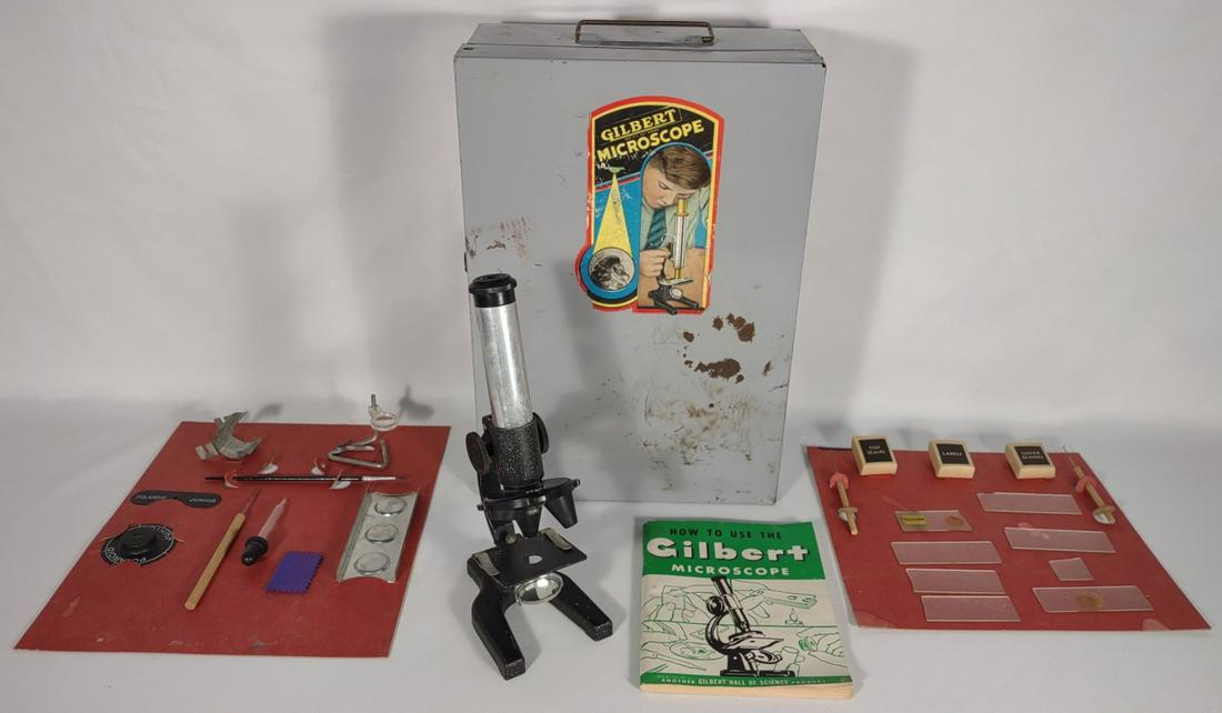 Vintage Gilbert No. 9 Microscope Set: Vintage Gilbert no. 9 Microscope toy set in original steel pressed box. Specimen tubes are missing.