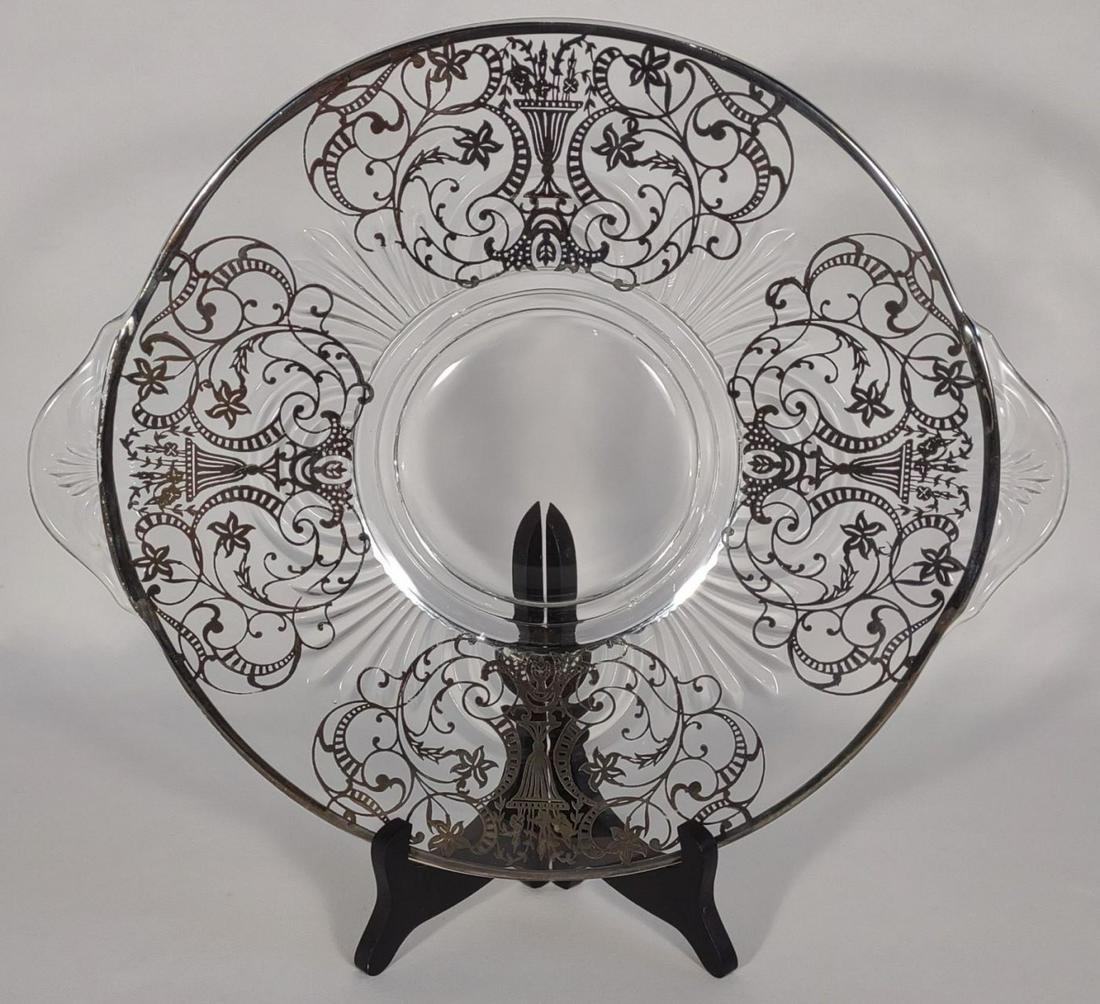 11.5" Sterling Silver Overlay Glass Platter: Vintage sterling silver floral lace overlay on clear glass serving plate with handles. Plate stand not included.