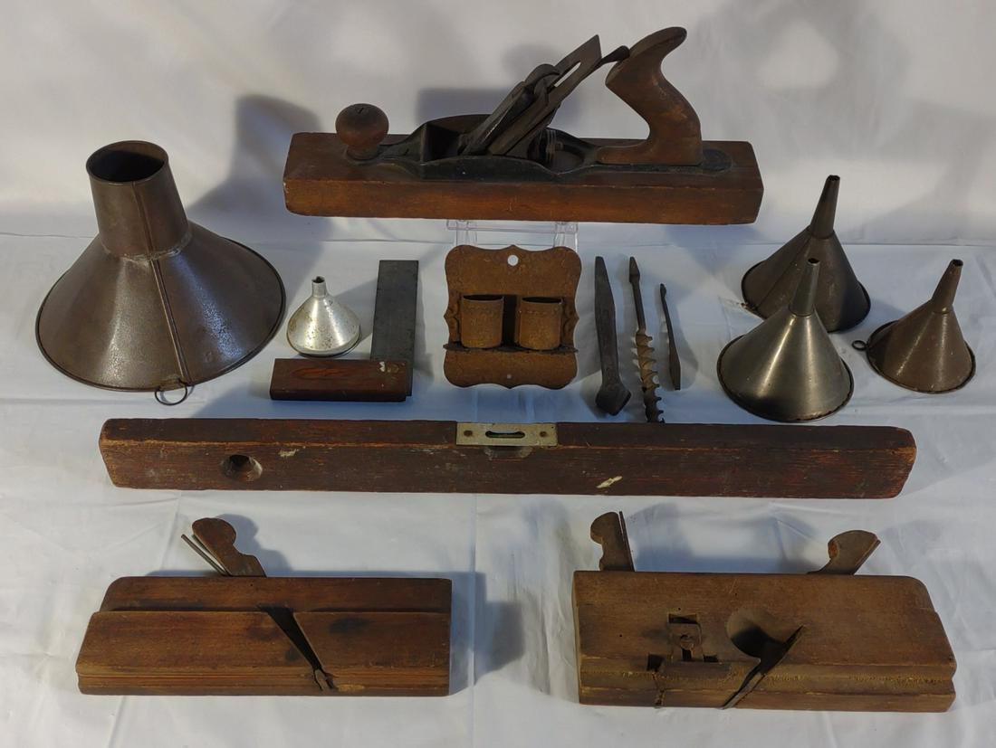 Old Wood Plane, Level, Funnels & Tools (1 of 18)
