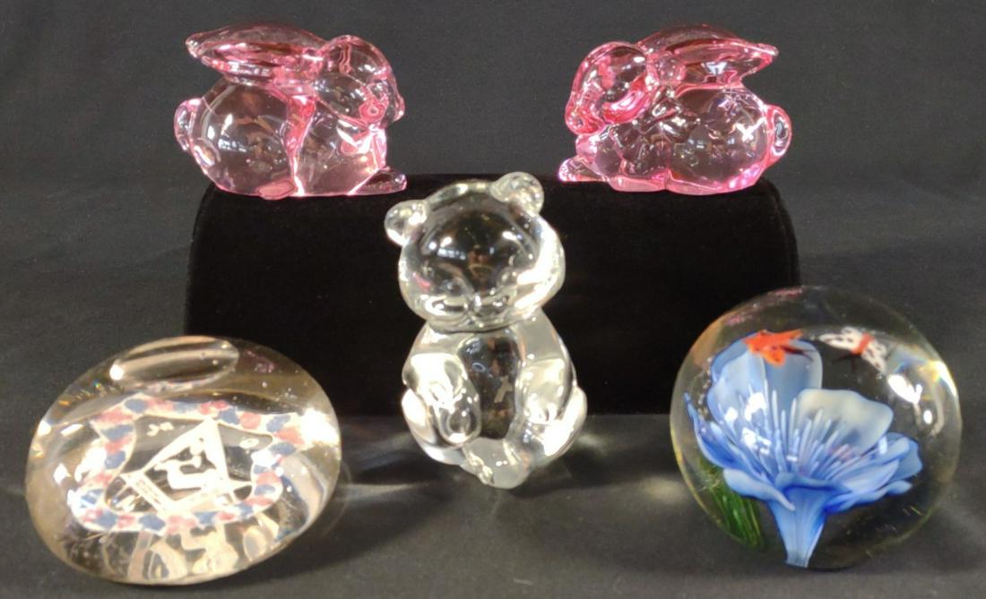 5 Vintage Glass Paperweights: Includes floral butterfly painted paperweight, 2 pink lenox bunnies, 1 Fenton figural bear paperweight, and a vintage Jr Auto Mechanics award paperweight