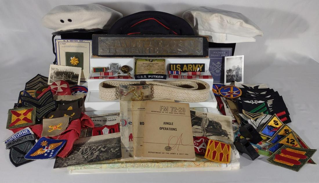 WWI & WWII US Military Patches, Badges & Ephemera: This lot is a mix of WW1, WW2, and some vintage US military patches, badges, books, photographs, and ephemera. Includes WWI 149th infantry 1917 signed soldiers pocket bible. WWII post card, Navy belt,