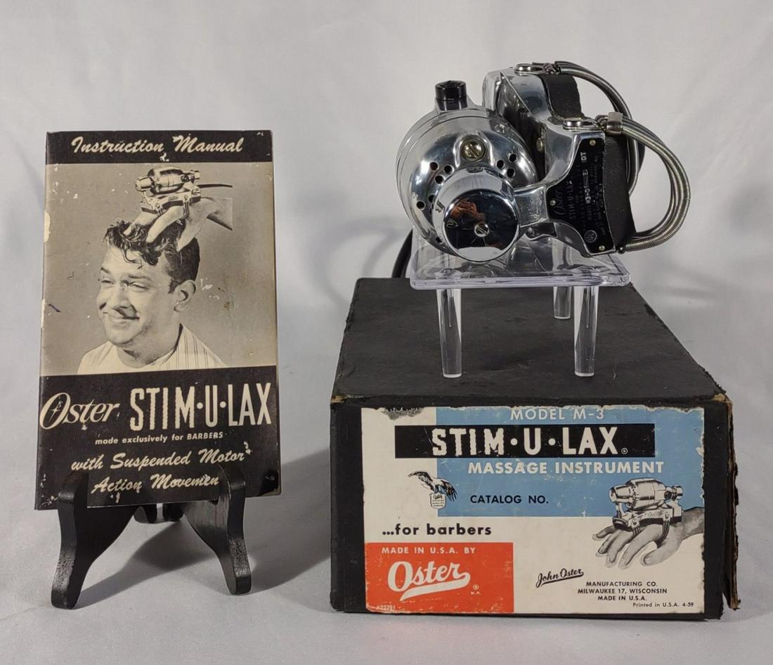 Vintage Oster Stim-U-Lax Barber Massager M-3: Tested and works. Stim-U-Lax massage instrument for barbers. Model M-3. Made by Oster, USA. Includes original box and paper pamphlet.