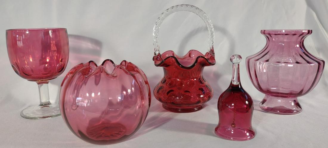 5 Vintage Cranberry Glass Art Pieces: Includes Fenton cranberry ruffled glass basket with twisted handle, Iridescent cranberry vase, goblet, hand bell, and ripple sphere vase.