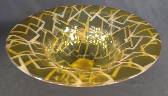 Bernard Katz Signed Art Glass Bowl: Yellow branched studio art glass bowl by Barnard Katz. Signature etched on base. Dated 1994.