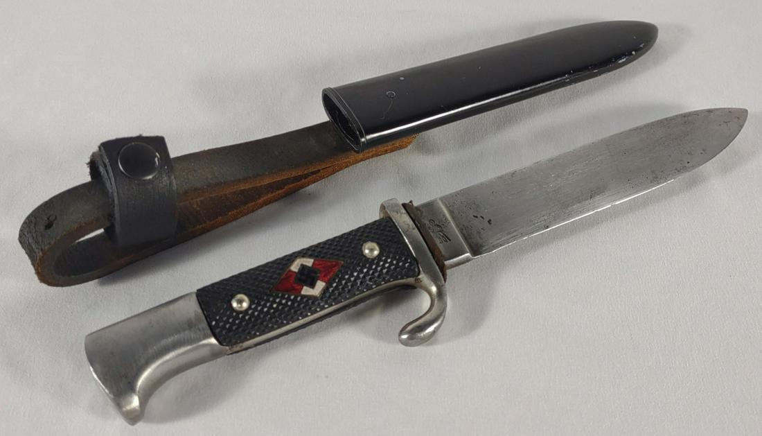 WWII German Hitler Youth HJ Knife & Scabbard: World War two HJ Hitler Youth knife with scabbard. Double proof stamp on ricasso. Marked RZM M7/51/39. Made by Anton Wingen Jr.