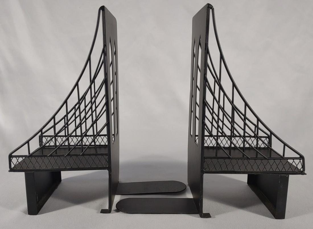 Pair of Metal Suspension Bridge Bookends: 9" tall. Black painted metal.
