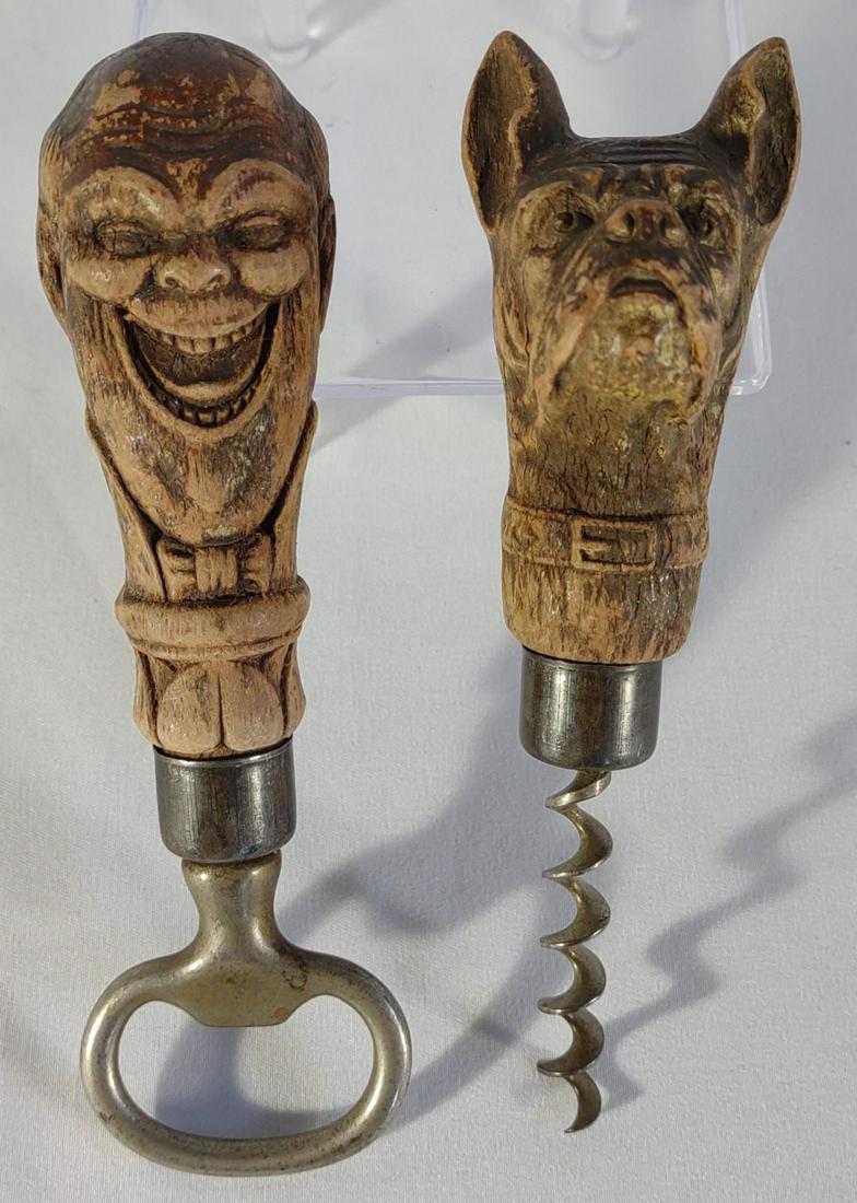 Syroco Wood Carved Cork Screw & Bottle Opener: Vintage carved syroco wood handle bottle cap opener with carved laughing man and cork screw with carved dog handle.