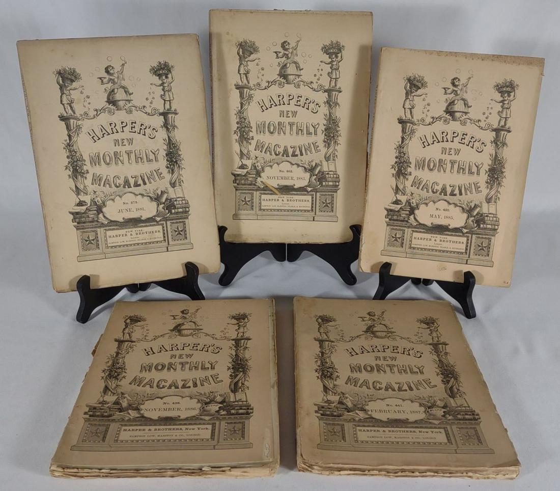 5 Anique Harpers New Monthly Magazines: Issues include June 1881, November 1883, May 1885, November 1886, and February 1881.