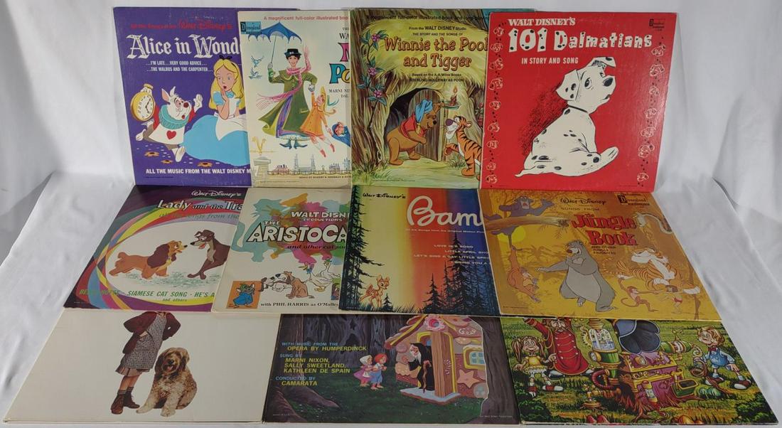 11 Vintage Disney Records: Includes Walt Disney Productions Mary Poppins, Alice in Wonderland, Winnie the Pooh and Tigger, The Aristocats, Lady and the Tramp, 101 Dalmatians, Bambi, The Jungle Book, Hansel and Gretel, and 2 non
