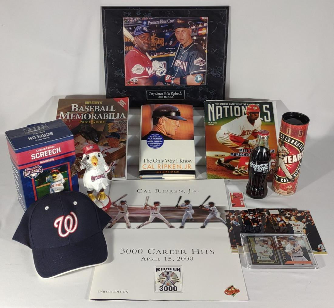 Baseball Memorabilia & Books (Mostly Cal Ripken): Includes Cal Ripken Coca Cola, Baltimore Orioles photographs, sports cards, cal ripken jr plaque, Washington Nationals Items, and baseball books.
