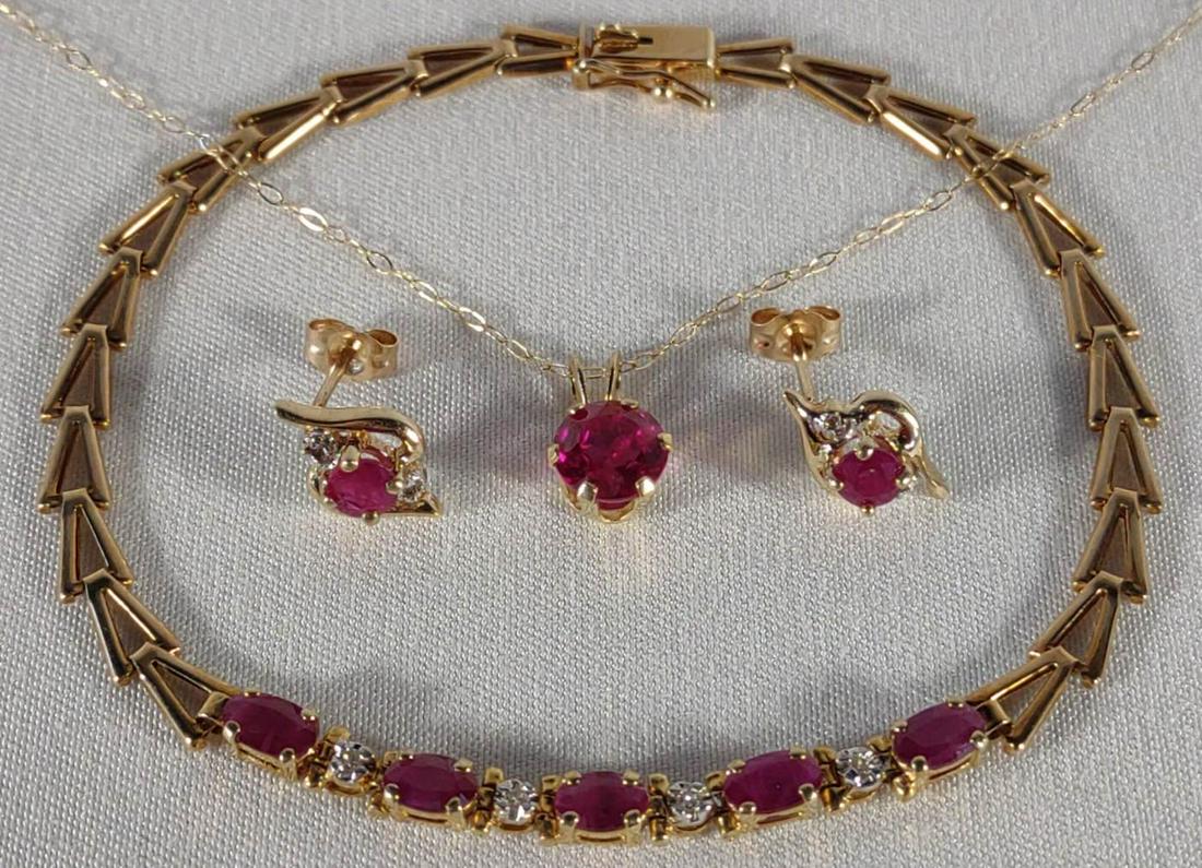 14K Gold Ruby Necklace 10K Earrings & Bracelet (1 of 13)