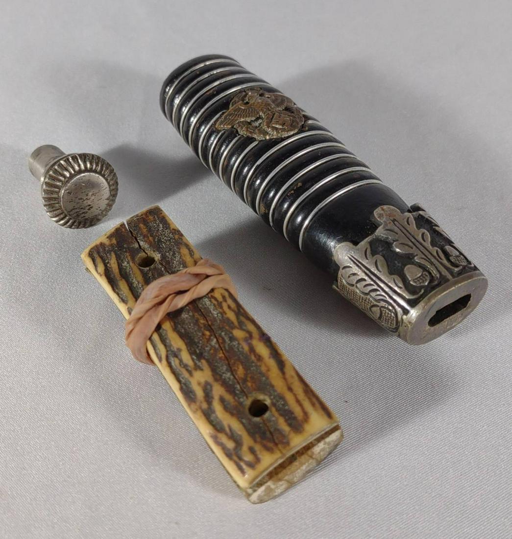 WWII German Police Sword Handle, Pommel & Grips: Includes WW2 German police sword handle, pommel, and 2 stag bayonet grips (cracks present in stag grips).