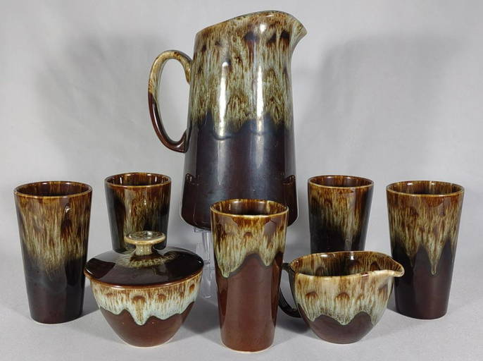 8 Pc Usa Brown Drip Glaze Pottery Pitcher Cup Set