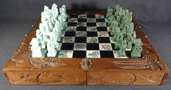 Vintage Asian Chess Set: Antique style Asian chess set with etched tile, wood carved case, and figural asian chess pieces. Complete set.