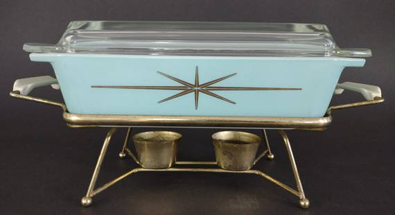 Pyrex Starburst Space Saver Casserole w/ Stand: VERY RARE promotional pattern1960 Pyrex atomic starburst space saver / cinderella serving casserole with original lid and candle warming stand. Turquoise starburst pattern. Casserole: #575-B 2 qt.