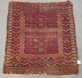 Antique Ersari Turkmen Rug 4" x 4'3": Measures: 4" x 4'3". Antique short pile tightly hand knotted Ersari, Turkmen rug. Turkmenistan, 19th century. Fine geometrical patterns with blues, reds, whites, and orange. Fraying to ends and
