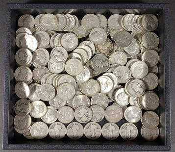 (142) US Silver Quarters: 142 90% silver quarters total. $35.50 face value. 137 washington quarters and 5 standing liberty quarters. All are dated 1964 and prior. Total weight: 880 grams.